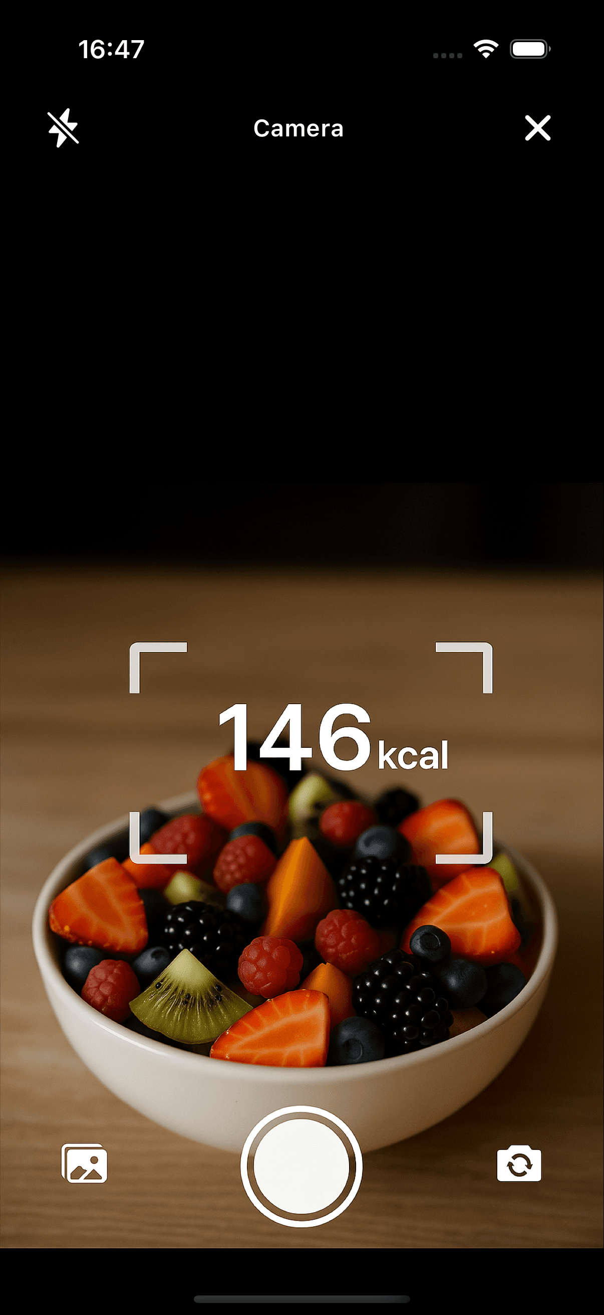 Smartphone app screen showing AI-driven food nutrient analysis with breakdown of calories, macros, and vitamins